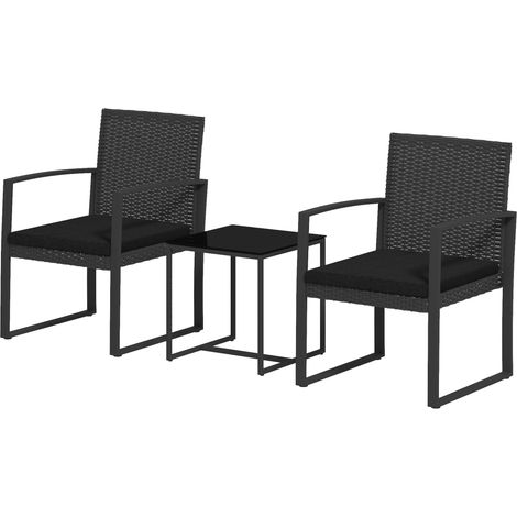 Set de Jardin 3 Pièces avec 2 Chaises et Table Basse, Salon de Jardin Fauteuils avec Coussins et Table avec Plateau en Verre, Noir (1/5)