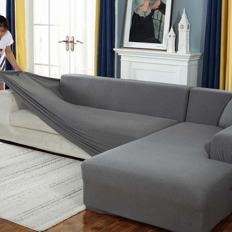 1 housse de canapé extensible, élastique et anti-poussière, housse de canapé 4 places, gris, pour canapés de 220 à 285 cm (1/4)