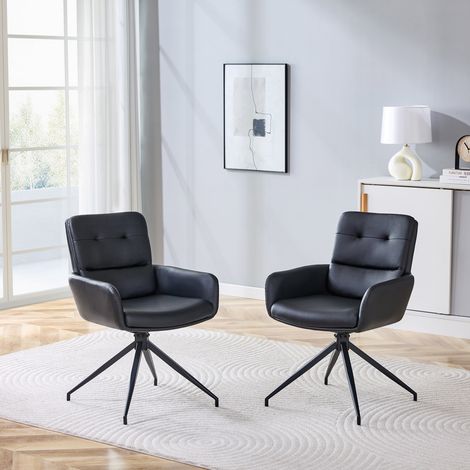 [Lot de 2] Chaise pivotante design européen élégant et léger : assise et dossier en simili cuir PU noir, pieds en métal noir, rotation silencieuse à 360°, idéal pour salle à manger ou espace détente. (1/5)