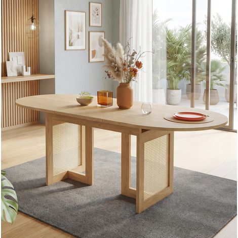 Tavolo da pranzo allungabile 160/200x90 cm per 6-8 persone, bordi arrotondati, gambe effetto rattan, MDF effetto rovere (1/5)
