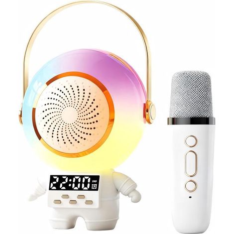 Enceinte Bluetooth Astronaute avec microphone - Design sur le thème de l'espace, lumières LED colorées, horloge numérique, enceinte portable, fonction karaoké, port USB, radio FM.
