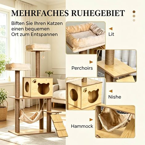 Árbol para gatos 60x40x130 cm beige con rascadores y diseño compacto – MEUBLIV (1/5)