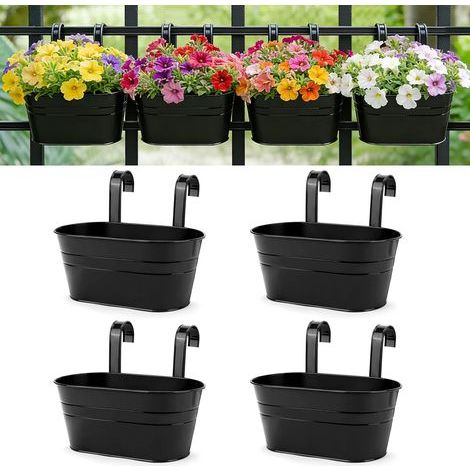 Pots de Fleurs Pots de Fleurs à Suspendre en Fer en Métal Pots de Jardin Jardinières de Balcon Seau en Métal Porte-Fleurs à Suspendre Décor Pot- Crochet Amovible (4 PCS) (Noir) (1/5)