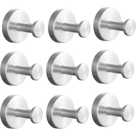 9pcs Matte Silver Wall Hooks, Heavy Duty Coat & Towel Hooks, Stainless Steel Bathroom Hangers (1/5)