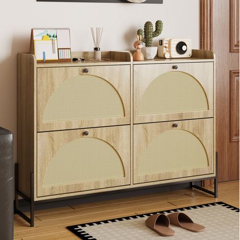 Zapatero estrecho de 4 puertas abatibles, 121 x 25 x 91,5 cm, madera natural, DESVIAE (1/5)
