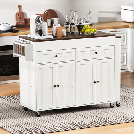 Desserte de cuisine 112-180,5x45x92,2 cm avec plateau extensible, tiroirs et roulettes, blanche et noyer (1/5)