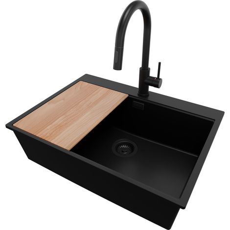 PRIMAGRAN Evier Cuisine en Granit 68x50cm, Lavabo 1 bac + Robinet 40x20cm + Kit de Vidage + Accessoire, Évier à Encastrer au meuble 70cm - Oslo, Tout Noir (1/5)