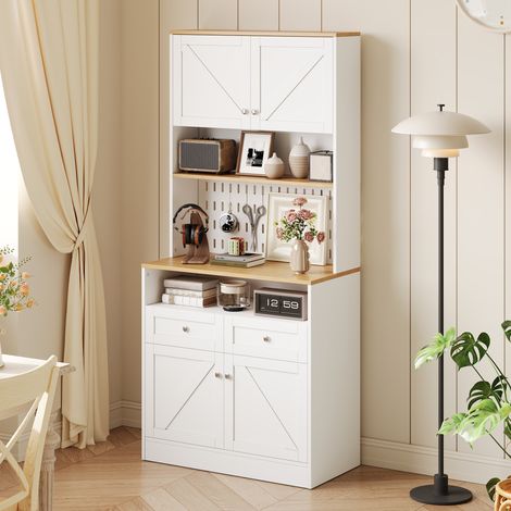 Buffet blanc élégant pour salle à manger, avec 2 tiroirs et 4 portes – Buffet raffiné pour la cuisine, la salle à manger et le salon, doté de poignées argentées et d'un grand espace de rangement. (1/5)