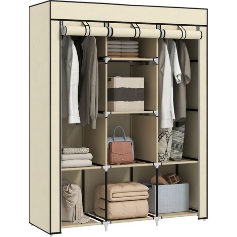 Schrank aus Stoff, Aufbewahrungslösung, 8 Regale, 2 Kleiderstangen, Cremeweiß