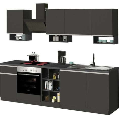 Dmora - Komplette Küche Rudolf, Praktische und platzsparende Küche, Küchenwand mit 7 Türen und 1 Schublade, 100 % Made in Italy, 255 x 60 x 85 cm, Anthrazit und Schiefer, mit verstärkter Verpackung