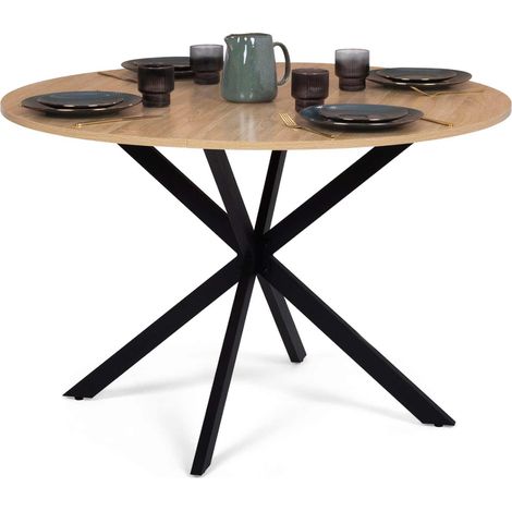 Idmarket – Table de salle à manger ronde 110 cm – 6 personnes – Pied araignée en métal noir – Plateau bois – Style industriel moderne