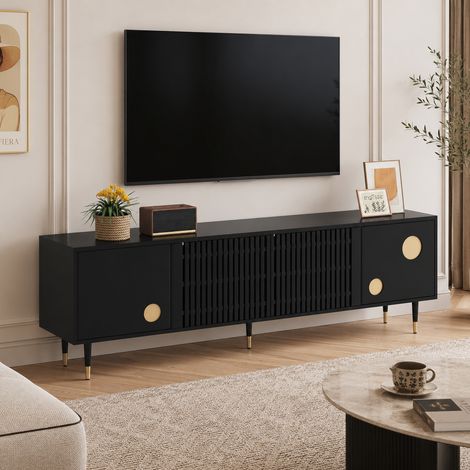 Meuble TV noir 170x36x54 cm, meuble bas de salon 4 portes avec façade à lattes, détails dorés, grand rangement, passe-câbles, MDF (1/5)