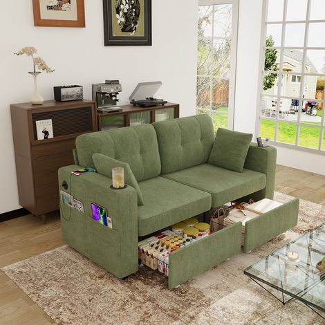 Divano a 2 posti - 172 x 75 x 82 cm - con cassetti portaoggetti, porta USB e portabicchieri - in ciniglia verde oliva (1/5)