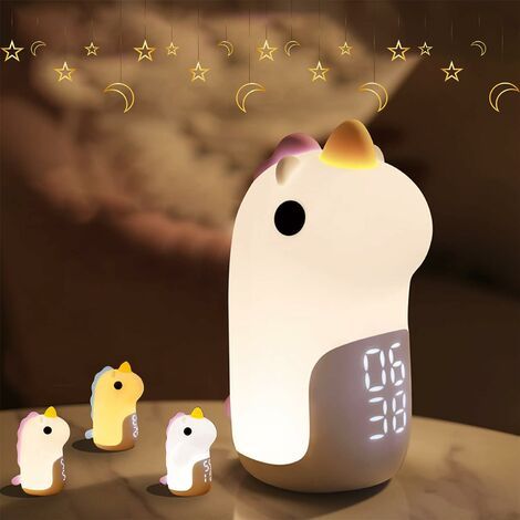 Reloj despertador infantil con luz, recargable, con LED, función día/noche, 3 colores y forma de unicornio para niñas, niños y adolescentes, con función de repetición de alarma - Malva (1/5)