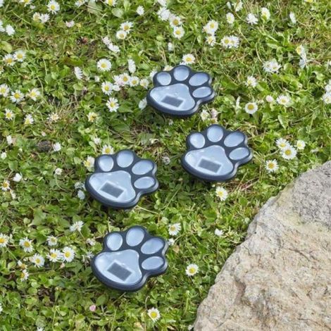 Juego de 4 luces solares para exteriores con forma de huellas de gato y perro, estacas impermeables, decoración para patio, jardín o entrada (blanco brillante). (1/5)