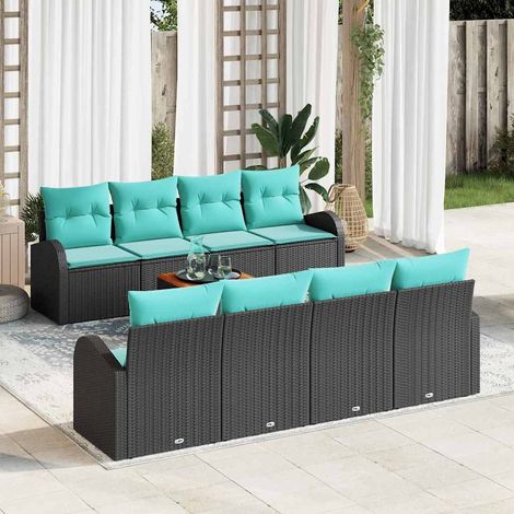 Salon de jardin modulable 9 pièces en polyrotin noir et turquoise, 8 places - PANGIVO (1/5)