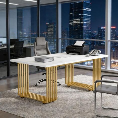 Bureau directionnel élégant en bois, table de travail classique pour bureau informatique, poste de travail fonctionnel (meuble seul) (1/4)