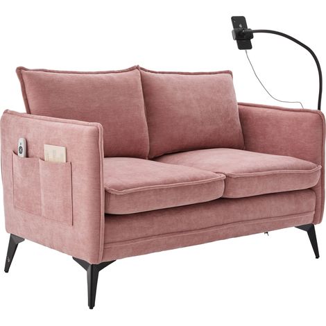 Sofá Recto 2 Plazas en Chenilla con Soporte para Teléfono Ajustable y Bolsillos Laterales, Diseño Ergonómico, Rosa (1/5)