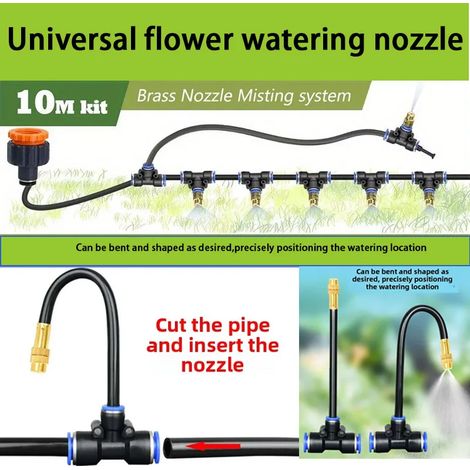Kit d'arrosage automatique avec tuyau PE (10 m - 5 buses) et buse rotative en cuivre de 8 mm pour l'arrosage par brumisation des plantes de jardin. (1/4)