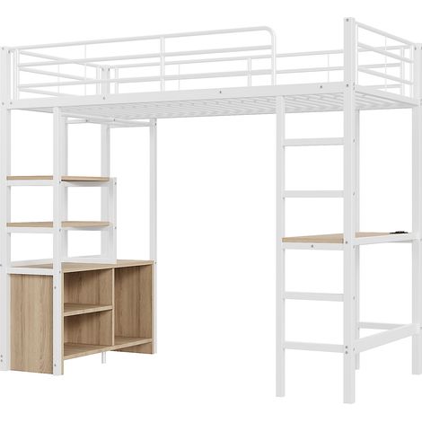 Letto a soppalco 90 x 200 cm con scrivania, USB, ripiani, metallo e MDF, bianco (1/5)