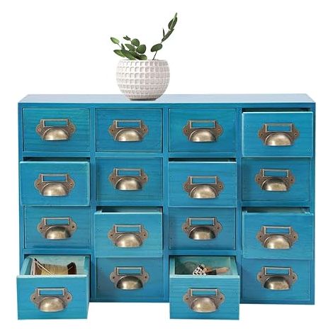 Boîte de Rangement Table à 16 Tiroirs, Organisateur de Bureau en Bois, Prêt à l'emploi, pour Fournitures de Bureau, Bijoux, Médicaments (Bleu) (1/5)