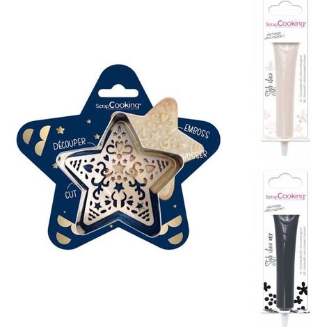 Kit pour biscuit en relief Étoile + 2 Stylos au chocolat blanc et noir (1/2)