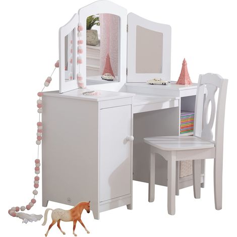KidKraft Toeletta Deluxe Bianca con Specchio e Sedia in Legno per Bambini, Tavolo Toilette da Trucco a Scomparto con Ripiani, Postazione Trucco, Mobili per Cameretta per Bambini, 13018 (1/4)