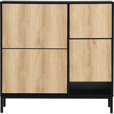 Zapatero con banco abatible y 3 puertas, MDF negro y efecto madera, 100 x 25 x 100 cm (1/5)