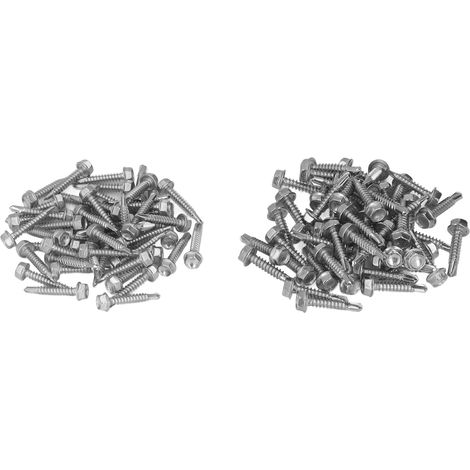 Assortimento di 100 viti autofilettanti in acciaio inox 304 con rondella esagonale 4,2x25mm e 4,8x25mm, con cacciavite esagonale.
