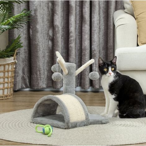 Tiragraffi per gatti con cuccia, 2 palline, 40 cm, grigio chiaro HAVRYA (1/5)