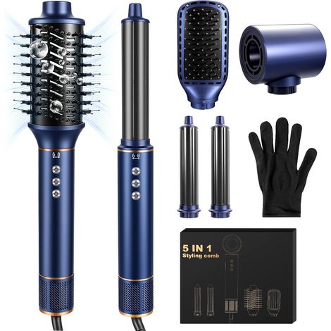 5-in-1 Airbrush-Haarstyler, 1400-W-Haartrockner mit Airbrush, Glättbürste und Lockenstab zum Trocknen, Locken und Glätten, für Damen, 200 Millionen negative Ionen – Blau