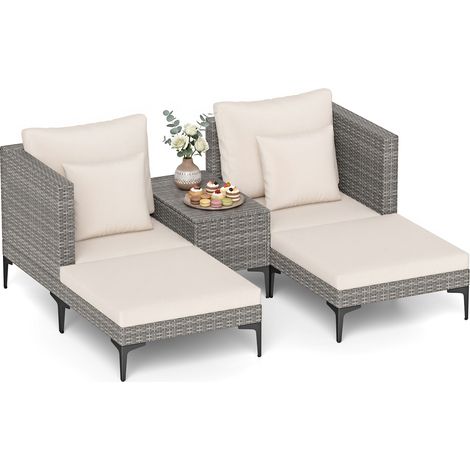 Salon de Jardin en Rotin 5 Pcs, 2 Fauteuils, 2 Poufs Tabourets et Table d’Appoint, Ensemble de Mobilier Extérieur 4 Places, Design Modulable, Blanc (1/5)