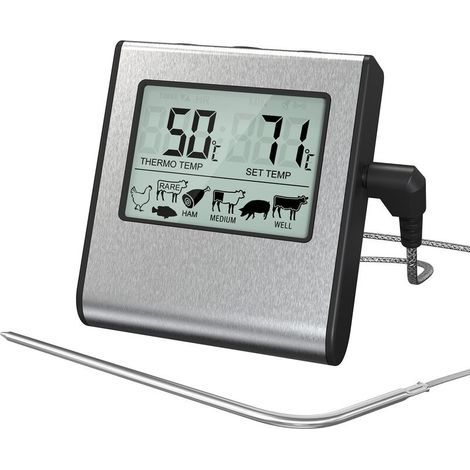Termómetro digital para cocinar carne con pantalla LCD grande para ahumador, horno, cocina, postres, barbacoa, parrilla - Termómetro con temporizador y sonda de temperatura de acero inoxidable (1/5)