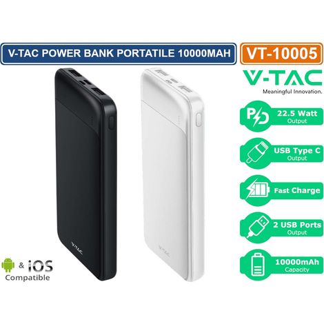 V-TAC Power Bank 10000mAh, Ricarica Rapida PD 22.5W, USB-A, USB Type-C, Micro USB (1/5)