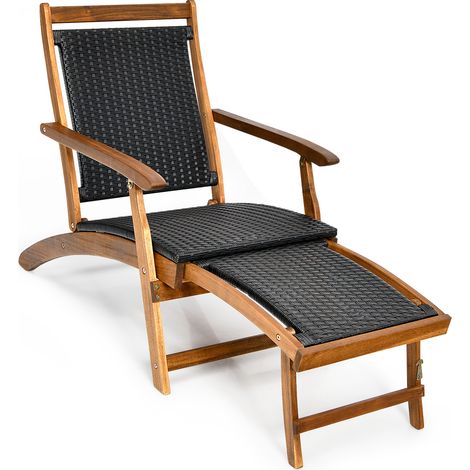 Chaise Longue de Jardin Pliable, Chaise à Bascule de Loisir, avec Repose-Pieds Télescopiques, Cadre en Bois d’Acacia, Tissage en Rotin (1/5)