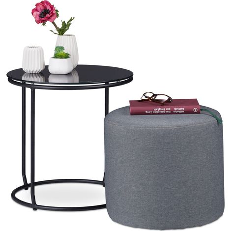 Relaxdays Table d’appoint avec tabouret,ottomane, Table basse avec pouf, peu encombrant, HxD 40x40 cm, noir et gris (1/5)