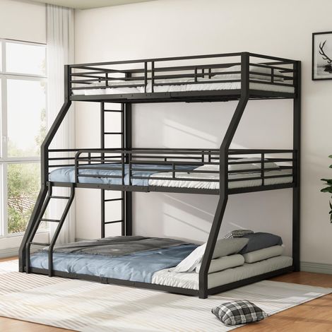 Lits superposés, 90 x 200 cm, 120 x 200 cm et 140 x 200 cm, structure métallique, lit en fer, lit superposé triple, pour enfants, adolescents et adultes, sans matelas, noir