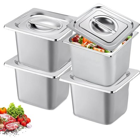 Lot de 4 bacs gastro inox GN 1/6 – hauteur 15 cm – bac inox alimentaire avec couvercle, bac gastro pour stockage alimentaire professionnel (1/5)