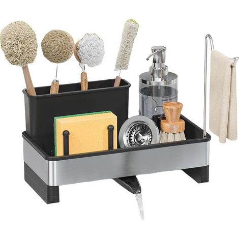 Grande Capacité Rangement Eponge Evier Cuisine avec Bac de Vidange Automatique, Organiseur Evier Cuisine en Acier Inoxydable avec Amovible Porte-brosse et Porte-chiffon (1/5)