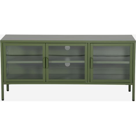 Mueble de TV industrial de metal y vidrio templado con 3 puertas, 120cm (1/5)