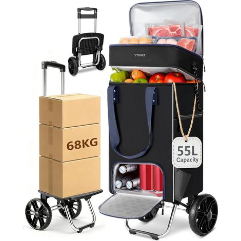 Chariot de Courses à roulettes 55L, Caddie de Courses Pliable Chariot de Courses Imperméable avec Sac Isotherme et Poche Anti-vol, Porte Jusqu'à 68 kg, Le Camping, Faire Les Courses, Noir (1/5)
