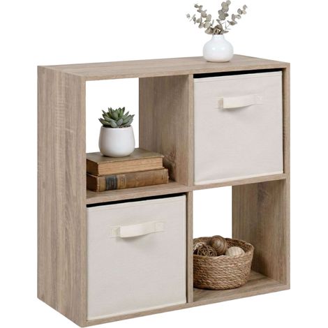 Estantería 4 Cubos Abril, Librería de Pie 2 Cajones Tela Salón Blanco Mate y Gris 60x60x28 cm