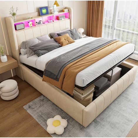 Polsterbett 140/200 cm beige aus Leinenstoff mit LED, Stauraum und USB-Anschluss (1/5)