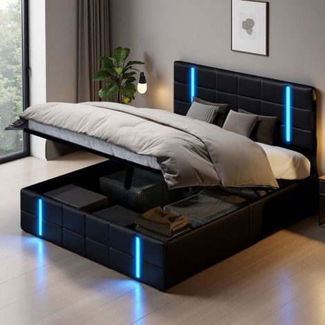 Cama 140x190 - Cama Cofre Hidráulica - Cabecera de Cama PU Negro - USB y LED - 2 Plazas