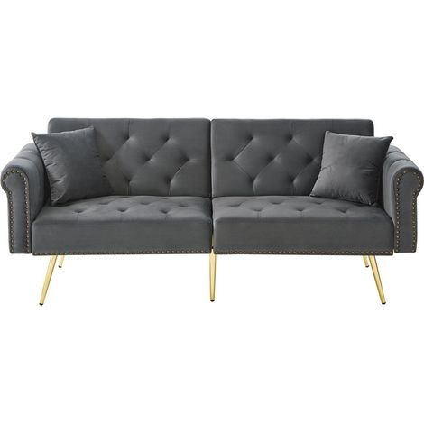 Sofá cama 2 plazas de terciopelo gris oscuro con respaldo reclinable y patas metálicas doradas (1/5)