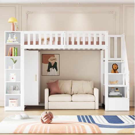 Cama alta moderna de madera blanca 90x200 cm con armario, estanterías, almacenaje y escalera de seguridad