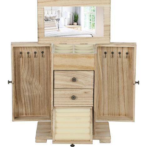 Joyero de madera marrón con espejo integrado y diseño de 4 niveles HOMVRA (1/5)