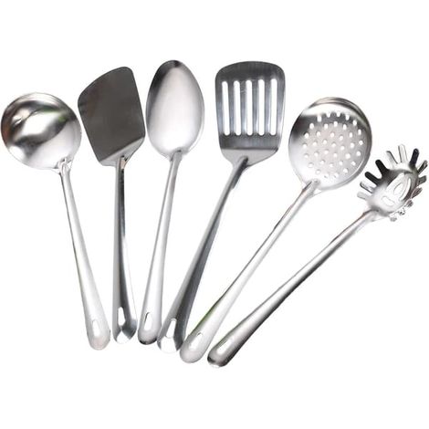 BelleRise - Ensemble 6 ustensiles de cuisine en acier inoxydable : cuillère à égoutter, spatule, louche, louche à soupe (1/5)