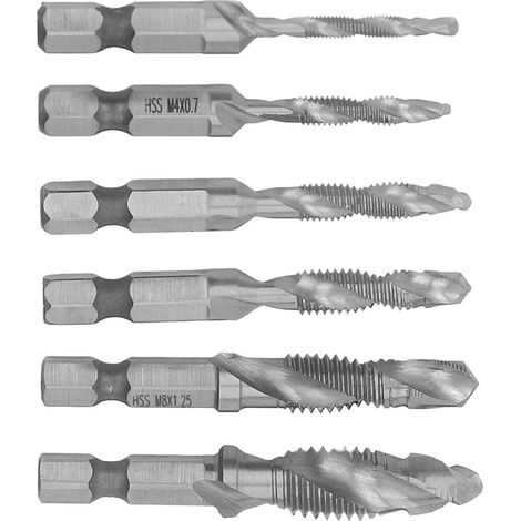 Jeu de 6 tarauds combinés à queue hexagonale, tarauds à goujures hélicoïdales, outil de taraudage en acier rapide, argent