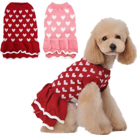 Pull Chien - Pull Chat - Tricot Chaud Hiver - Motif Cœur - Rouge Rose - Pour Chiens et Chats - Tailles S à 2XL (1/5)
